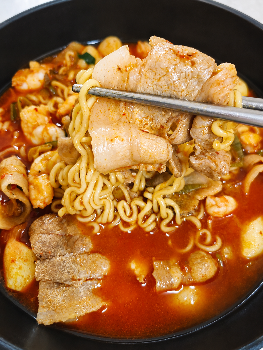 Upgraded Korean spicy ramyun with pork belly and shrimp